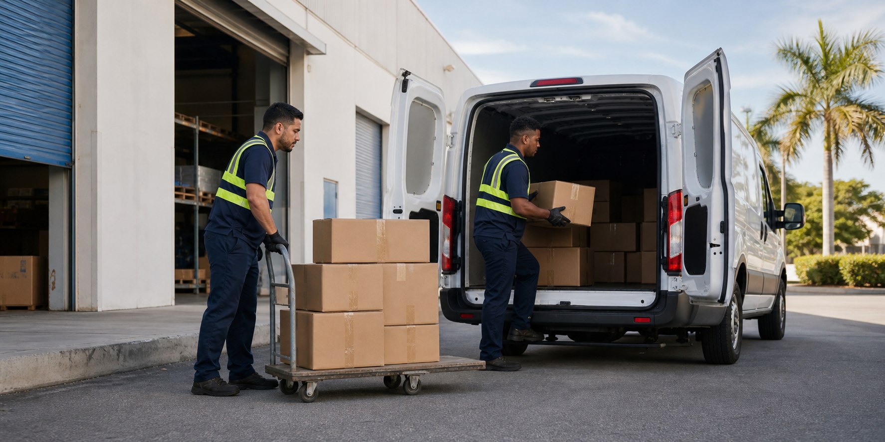 Equipo cargando paquetes en una van para servicio de pickup